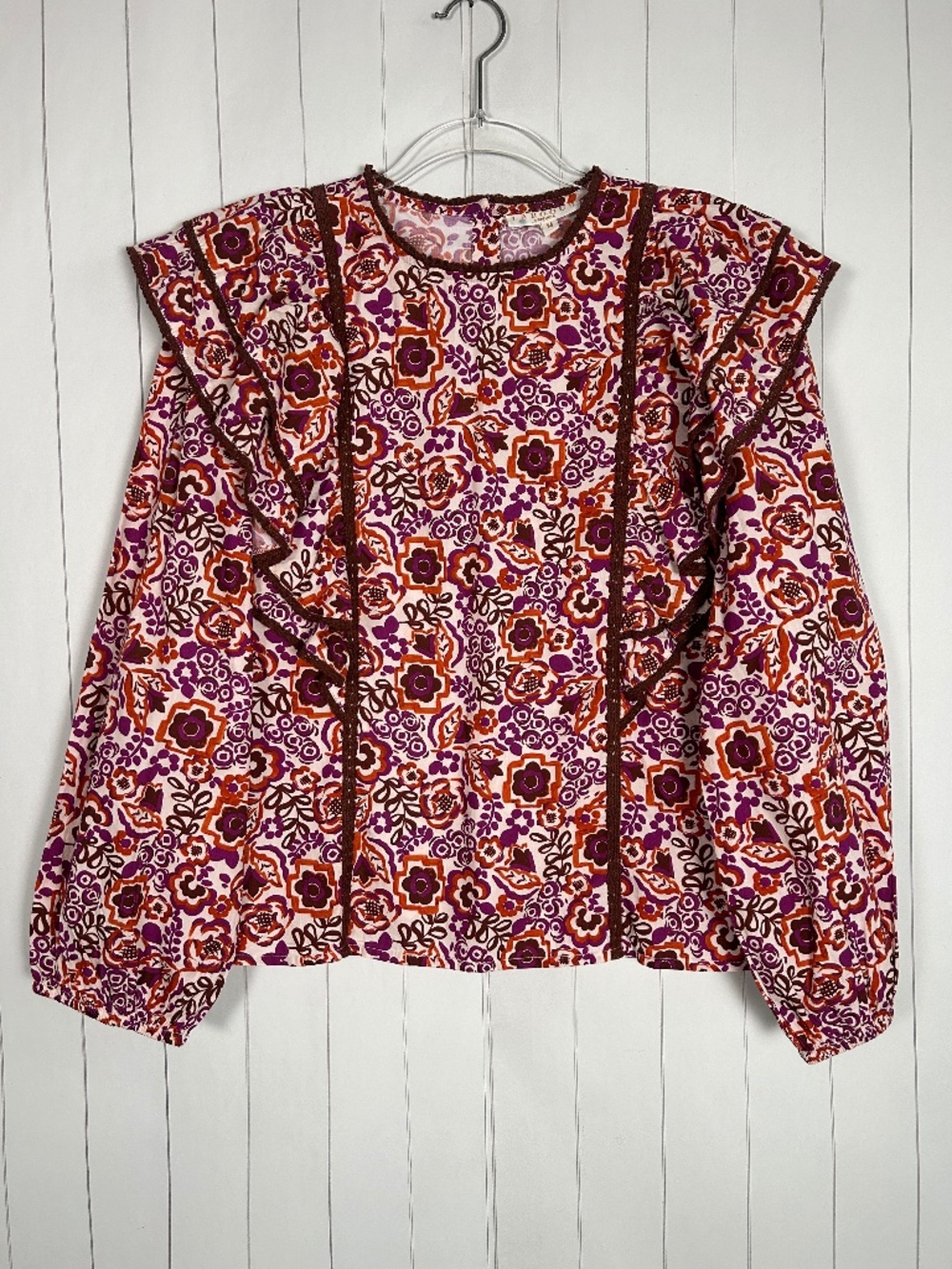 Laroque size M top boho peasant long sleeve purple floral cotton western cottage